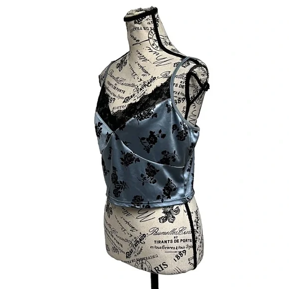 Cider Blue Lace Trim Cropped Camisole Top Velvet Floral Grunge Punk Moto XL - Picture 2 of 8